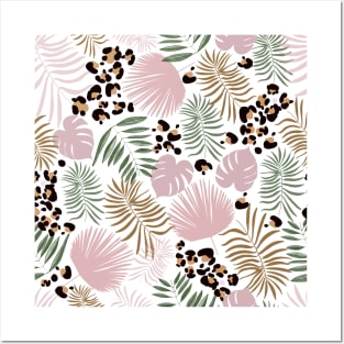 leopard print baby and tropical leaves Posters and Art